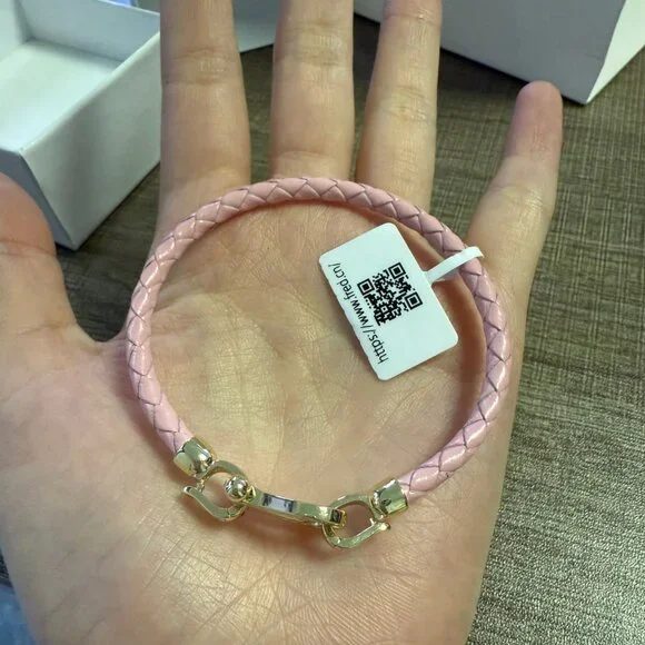 Pink Braided Leather Bracelet with Diamond-Encrusted Gold Clasp - Picture 7 of 8